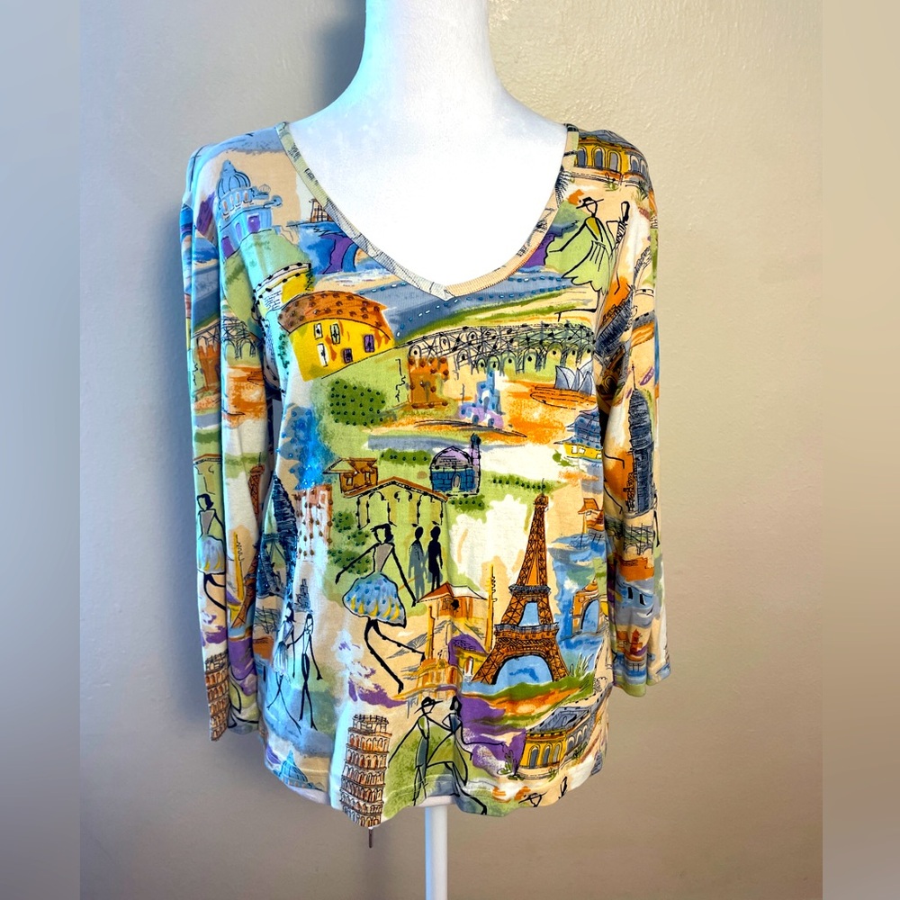 Le Mieux Studio Womens Top 1/4 Sleeve Paris Boho Watercolor Paint Sequins sz M